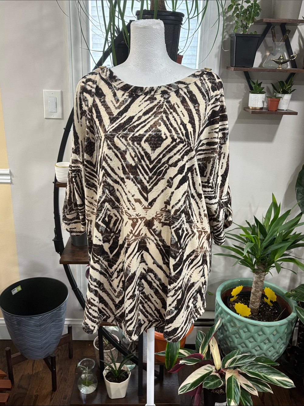 Kim & Cami Cream & Brown Printed Boatneck Top size 2X